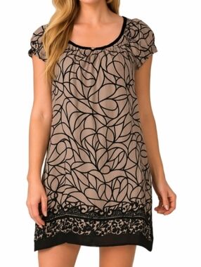 NWT M.S.S.P. Silk Rayon Taupe & Black Floral Velvet Puff Sleeve Shift Dress